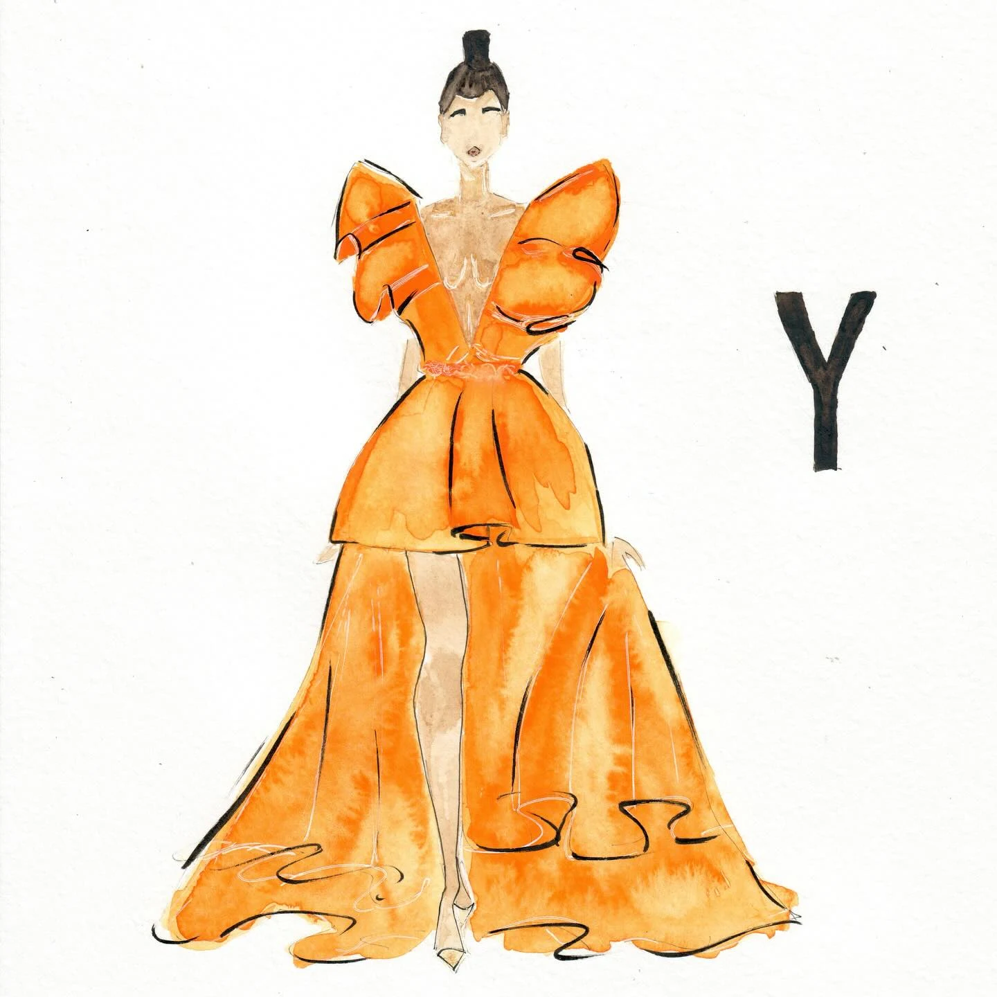 Oksana Hammersmith's orange couture gown watercolor illustration