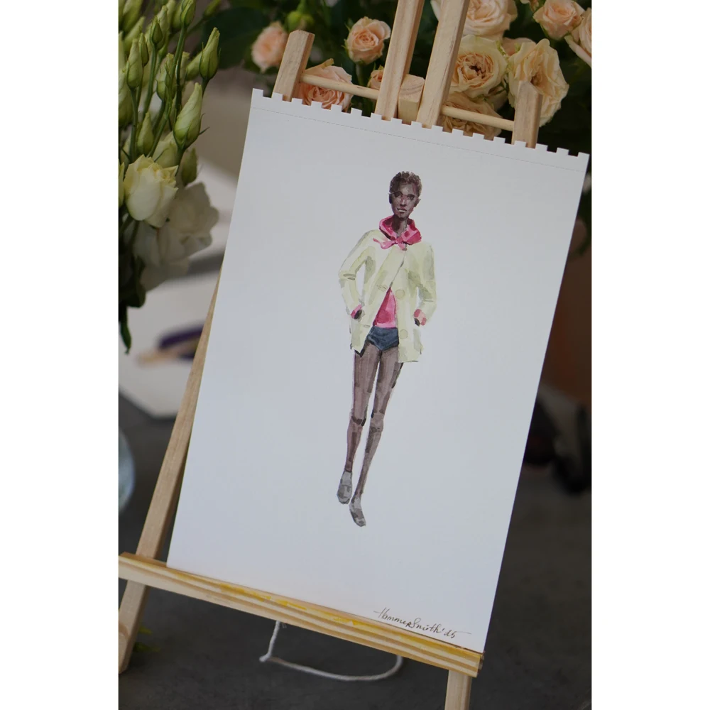 Urban Paradox, a fashion watercolor displayed on an easel